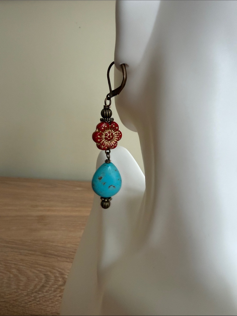 HAND CRAFTED TURQUOISE HOWLITE CZECH GLASS FLOWER DROP EARRINGS Southwestern - Picture 6 of 9